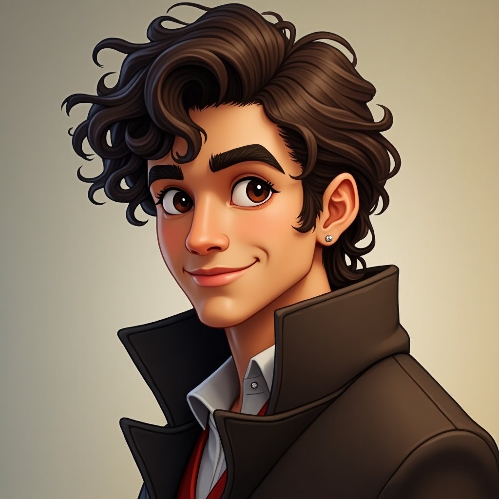 A charming young man with curly hair, wearing a stylish coat, portrayed in a friendly manner. Bright eyes and a confident smile accentuate his youthful energy.