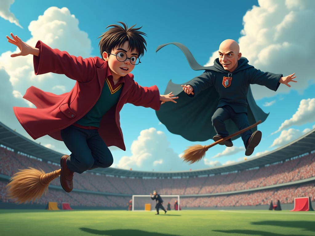 In this vibrant digital art, two figures are flying on broomsticks over a stadium filled with an audience eagerly watching below. The sky is mostly clear with fluffy clouds, accentuating the sense of height and speed. The action captures an intense aerial chase, likely steeped in magic and rivalry, adding excitement and anticipation to the scene.