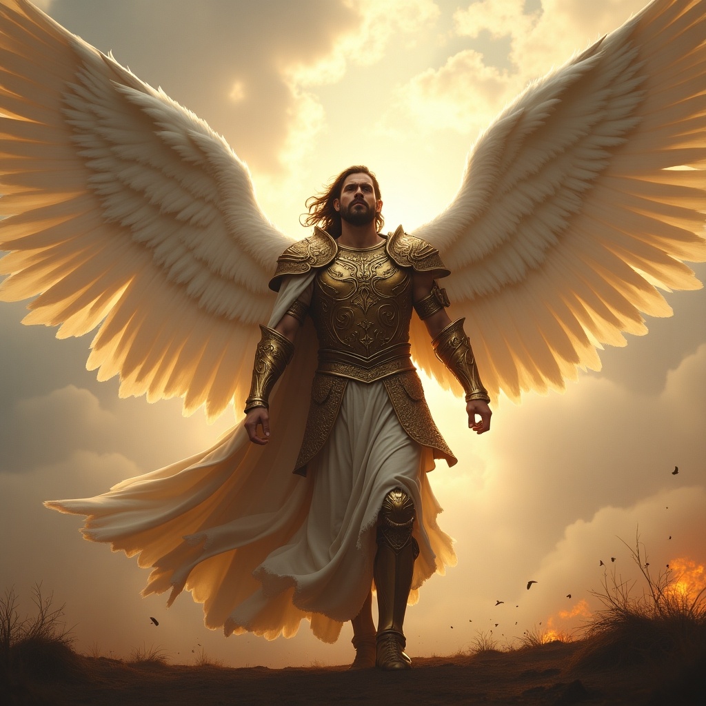 Male warrior angel depicted in golden armor with large wings captivating the viewers. Dramatic sky with clouds and light enhances the heroic presence. Emphasis on strength and nobility.