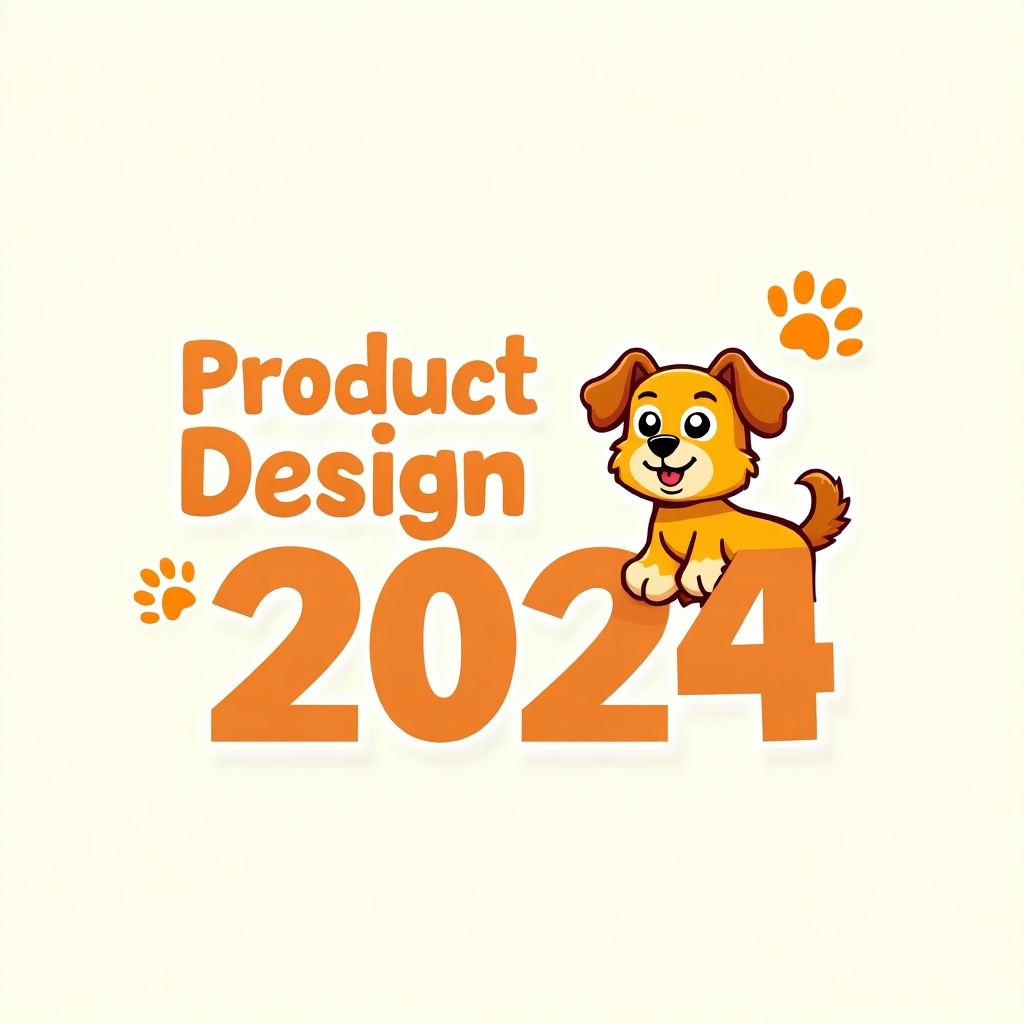 Cute cartoon dog beside 'Product Design 2024' text. The dog is orange with a bushy tail and ears. Text styled in modern font emphasizing creativity. Paw prints included in the design. Bright and cheerful color palette for a young audience.