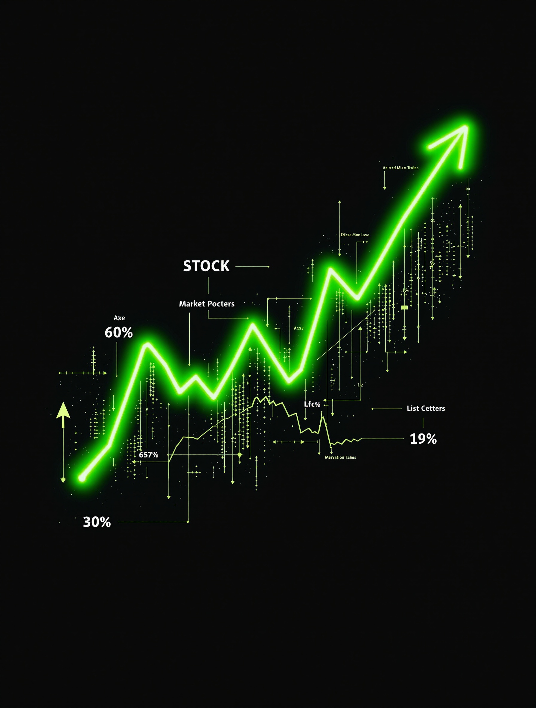 Digital stock graph displays an upward trend with a black background. Neon green line representing market growth. Various data points indicated along the graph. Emphasizes financial increase and investment potential.