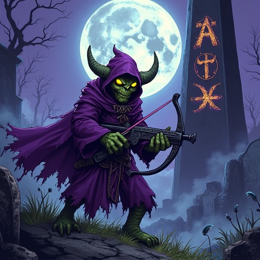 Medium shot of a goblin sorcerer with glowing yellow eyes and tattered purple robes holding a rune-carved crossbow in a misty moonlit graveyard. The scene features a towering black obelisk with pulsating arcane symbols. The art style includes bold comic-book outlines and anime cel-shading, with vibrant purples, toxic greens, and exaggerated shadows. The composition portrays a wide battle-ready stance with magical energy surrounding the crossbow bolt and undead hands from graves.