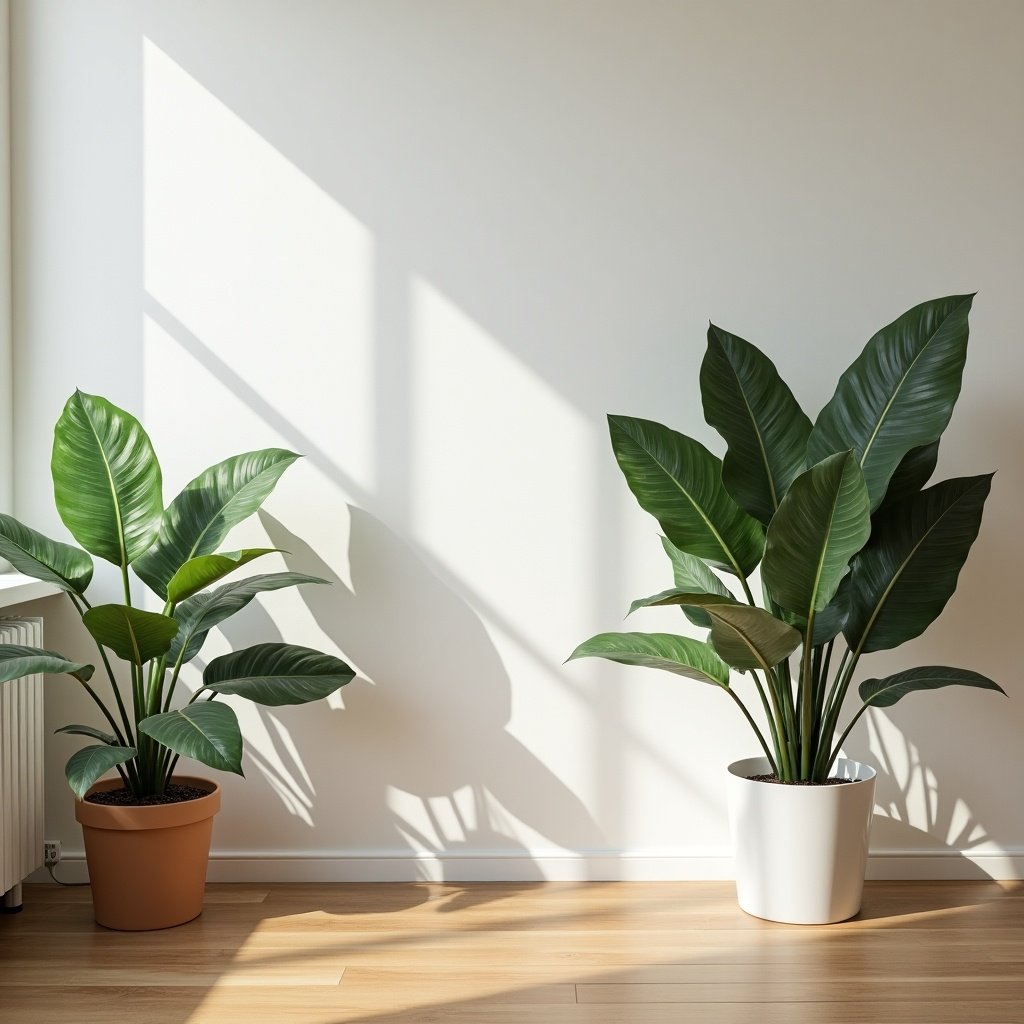 This image showcases a bright, minimalist interior space featuring two potted plants on a wooden floor. The walls are painted in a pale color, enhancing the natural light that floods the room. The larger plant is in a white pot, while the smaller one is in a terracotta pot. This design reflects Swedish aesthetics, emphasizing simplicity and a connection to nature. The shadows cast by the plants add depth to the serene atmosphere of the room.