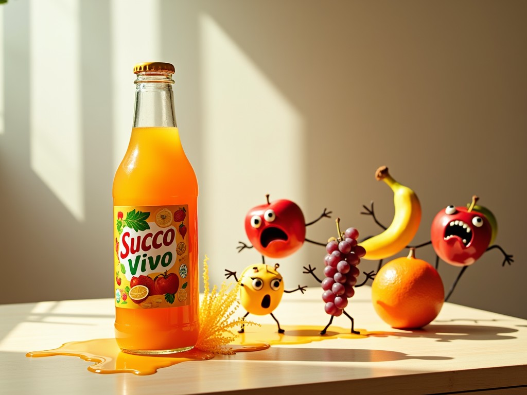 This playful image features a bottle of orange juice labeled 'Succo Vivo' surrounded by fruits with animated expressions. The comedic scene has an apple, banana, grape cluster, and orange appearing shocked or angry, suggesting they are upset about their transformation into juice. The vibrant colors and light-hearted composition convey a whimsical narrative.