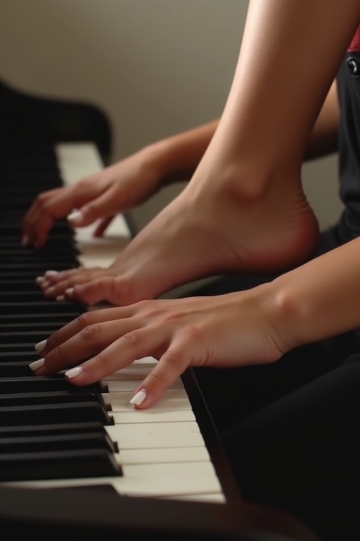 Image features young woman's feet with white toenail polish positioned over piano keys. Playing piano with feet from side view