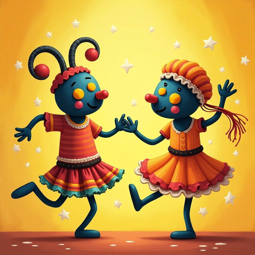 Two colorful dancing characters with big heads and joyful expressions. Background features stars and a bright yellow hue. Characters wear bright and playful outfits, one in red and the other in orange.