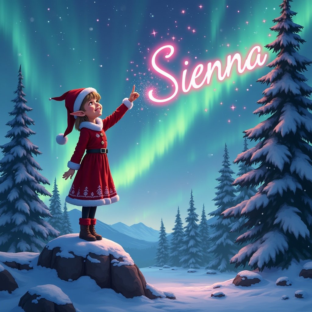 In a magical winter landscape, a joyful elf girl stands on a rock at night. She wears a vibrant red outfit and a Santa hat. With sparkling magic in her hand, she is pointing upwards, seemingly writing the name 'Sienna' in the sky. The overhead northern lights illuminate the scene in stunning colors. Tall evergreen trees surround her, enhancing the enchanting atmosphere. Her expression conveys wonder and excitement as she interacts with her magical environment.