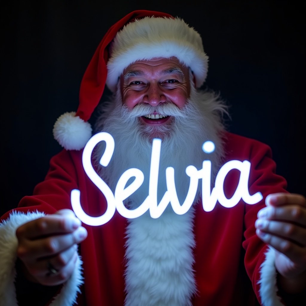 Santa Claus wears a traditional red and white suit. He holds a glow stick forming the name 'Selvia' in bright light. Santa appears jolly, radiating warmth and holiday cheer. Dark background enhances the glow of the text. Scene captures Christmas magic and joy of the season.