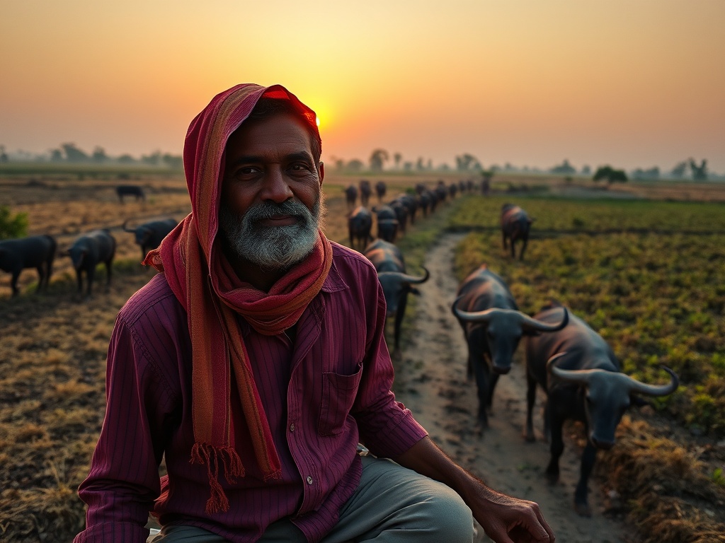 The image captures a serene rural landscape at sunrise, featuring a man with a warm smile seated in the foreground. He is wearing a red headwrap and shirt, overseeing a herd of buffalo walking on a path through the fields. The golden sunrise casts a soft, warm glow over the scene, adding to the tranquil atmosphere.