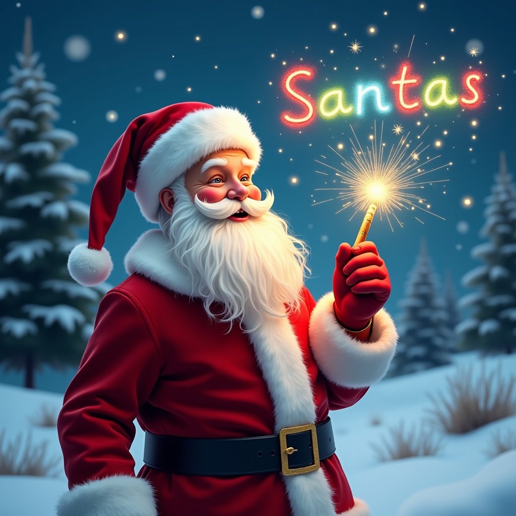 A jolly Santa Claus wearing a red suit in a snowy landscape. Santa holds a magical wand that shines with sparkles. Background features evergreen trees and a starry night sky. Santa appears joyful as he writes names in the sky in colorful font.