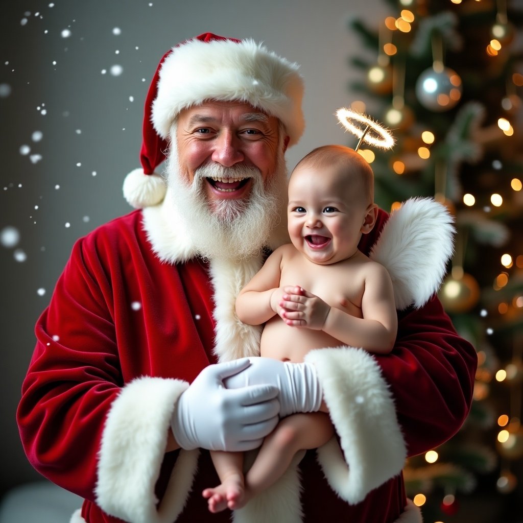 Image shows Santa Claus holding a smiling baby. Santa is in a red suit with white fur. Baby has angel wings and a halo. Background has holiday decorations and a Christmas tree. Snow is gently falling, creating a festive mood.