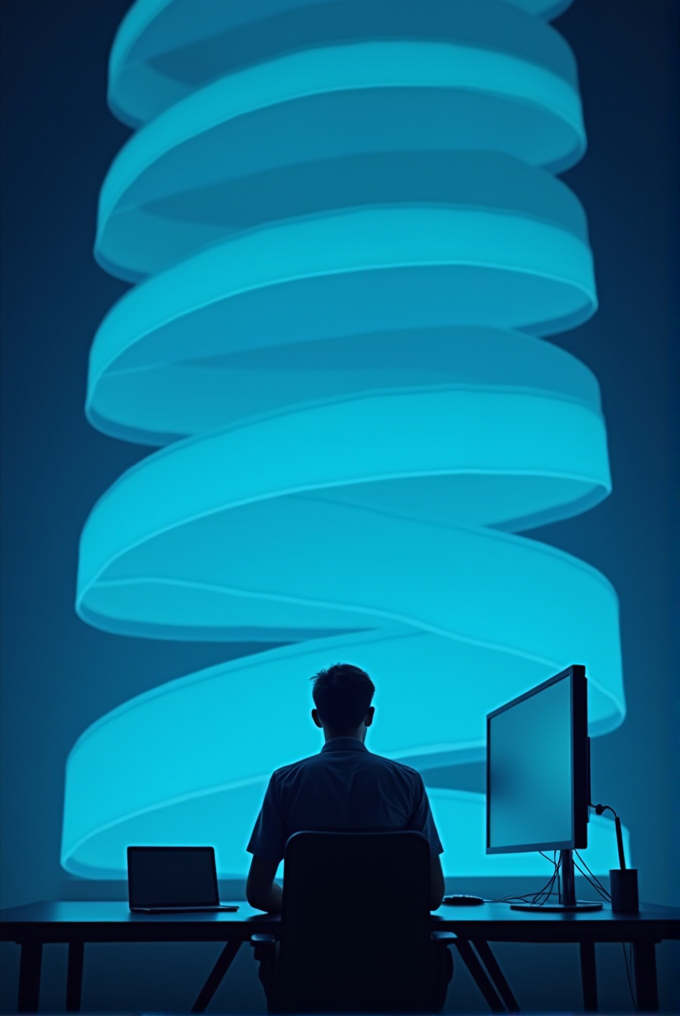 A person sits at a desk with computer screens, facing a large, luminous spiral in a dark room.