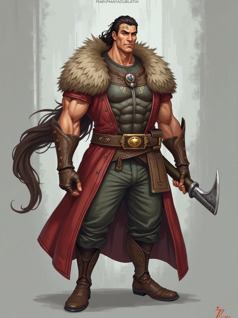 A powerful, muscular warrior stands confidently. Warrior wears a long red cloak and has a fur-lined collar. The warrior has a strong physique with a leather armor underneath. A large axe is gripped in one hand. The character exhibits a heroic pose with details in facial expression and attire.