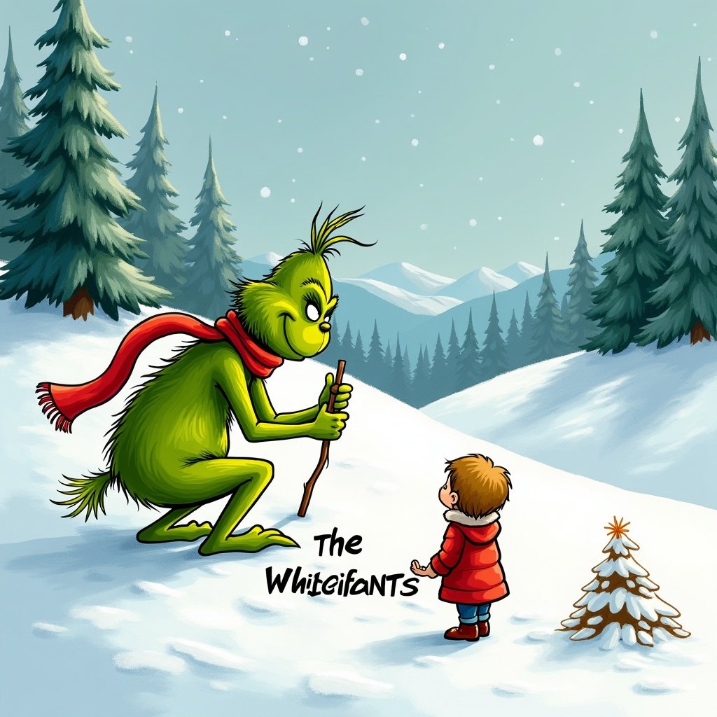 Grinch writing The Whisenants in the snow. Scene features snow-covered hills and evergreen trees. Grinch is green with a red scarf. Child in red coat stands nearby.