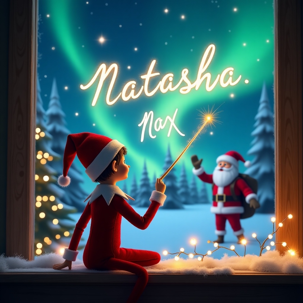 An illustration features an elf on the shelf, sitting on the window sill with his back turned. He gazes up at the shimmering sky as he uses his wand to write the name 'Max' above. The scene is set in a cozy room, framed by Christmas decorations. Outside the window, a winter landscape showcases beautiful northern lights and Santa Claus in the background. The atmosphere is magical and filled with holiday cheer. The elf creates a whimsical ambiance, embodying the spirit of Christmas. The names 'Natasha' and 'Max' elegantly float in the sky, adding a personal touch to the festive scene.