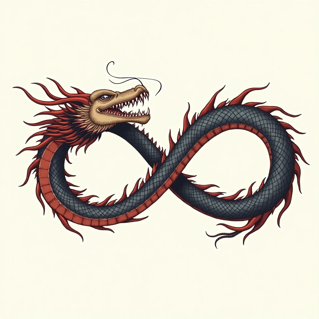 This illustration portrays a dragon designed into the infinity symbol. The dragon's head is fierce, with bold features and a fiery mane. Its long, serpentine body twists to form the infinity shape. The color palette includes rich reds, greens, and golds to highlight its mythical nature. Its scaly texture and stylized elements provide a unique visual appeal, making it ideal for various merchandise and artistic representations.