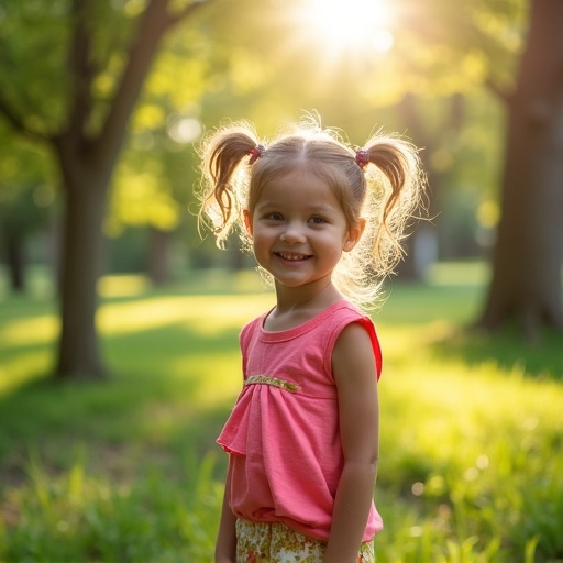 Cute little girl stands outdoors. Soft sunlight illuminates the scene. She wears a pink shirt and patterned shorts. Background features lush green trees and grass. Natural and joyful atmosphere.