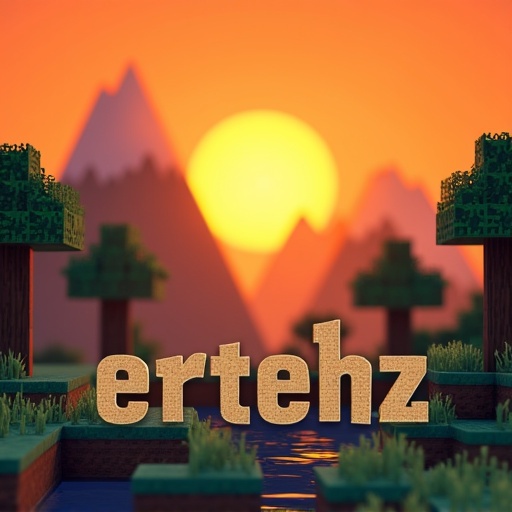 3D landscape inspired by Minecraft features mountains and trees with a bright orange sunset. Blocky characters interact with the environment. Text ertehz displayed in Minecraft style font.