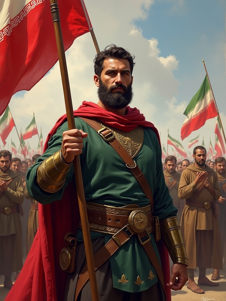 Persian miniature style featuring Kaveh the Blacksmith. Character stands confidently in full body view. He holds a flag. The background shows a crowd with flags. The setting is inspired by Iranian culture.