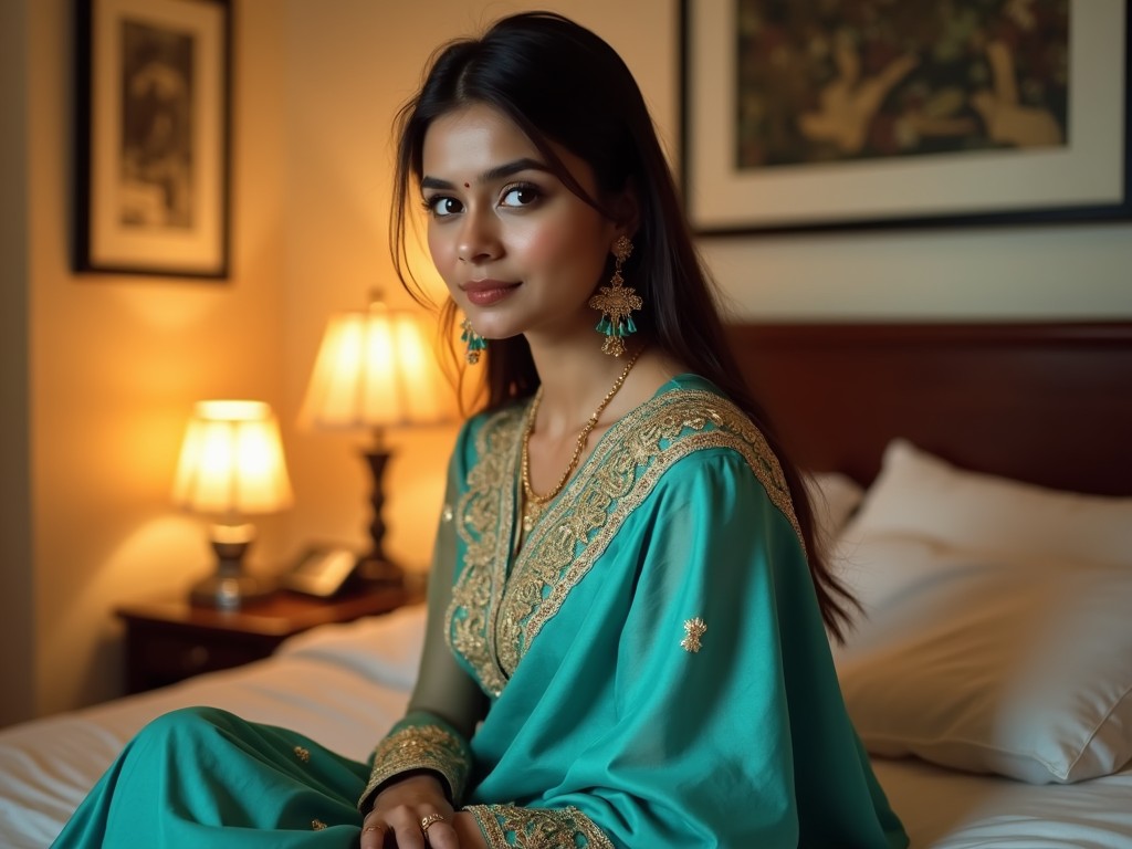 portrait of a woman in traditional teal and gold attire sitting on a bed with warm lighting