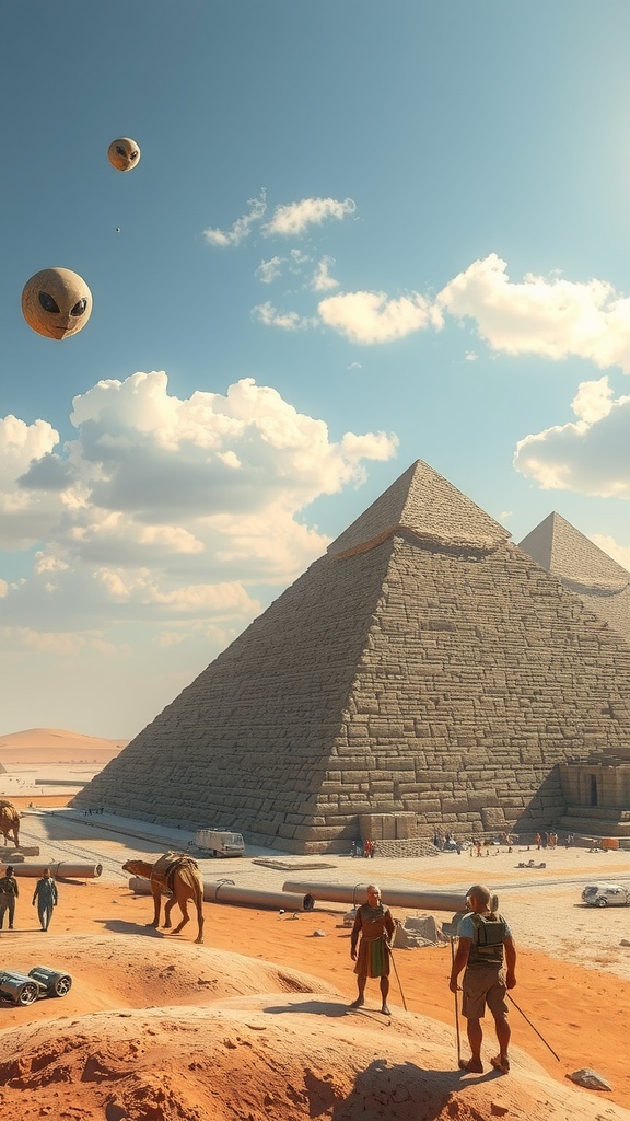 A surreal desert scene with ancient pyramids and floating alien-headed hot air balloons.