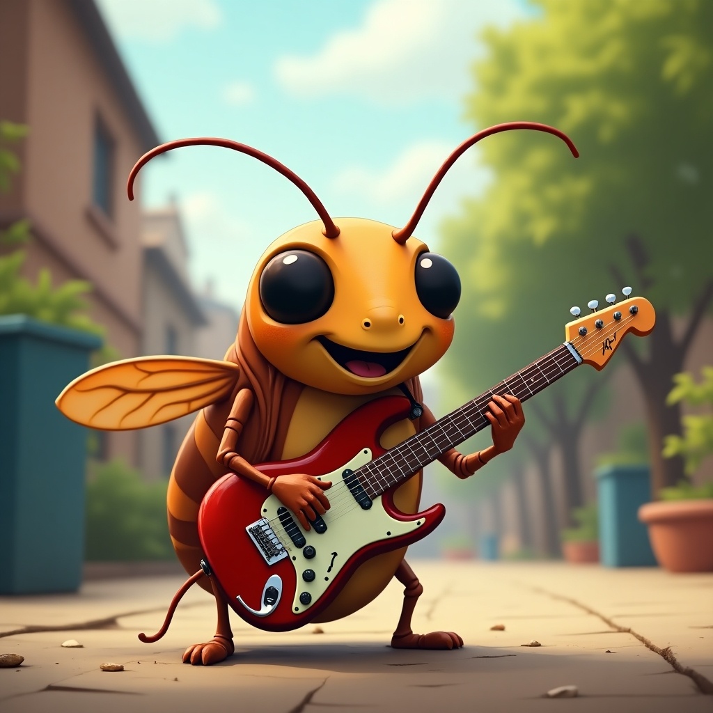 A cartoon insect resembling a cockroach is depicted playing an electric guitar. The insect has big, friendly eyes and a joyful expression, making it look engaging and fun. It stands confidently with the guitar in a vibrant outdoor setting. The background is softly blurred, emphasizing the character. Bright colors such as yellow, brown, and red dominate the scene, creating a cheerful and lively atmosphere. This playful concept blends music and nature in a unique and humorous way.