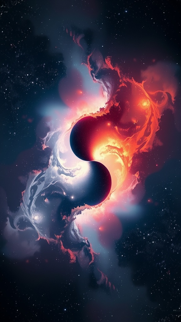 A captivating abstract representation of fire and ice swirling in a yin-yang pattern in space.