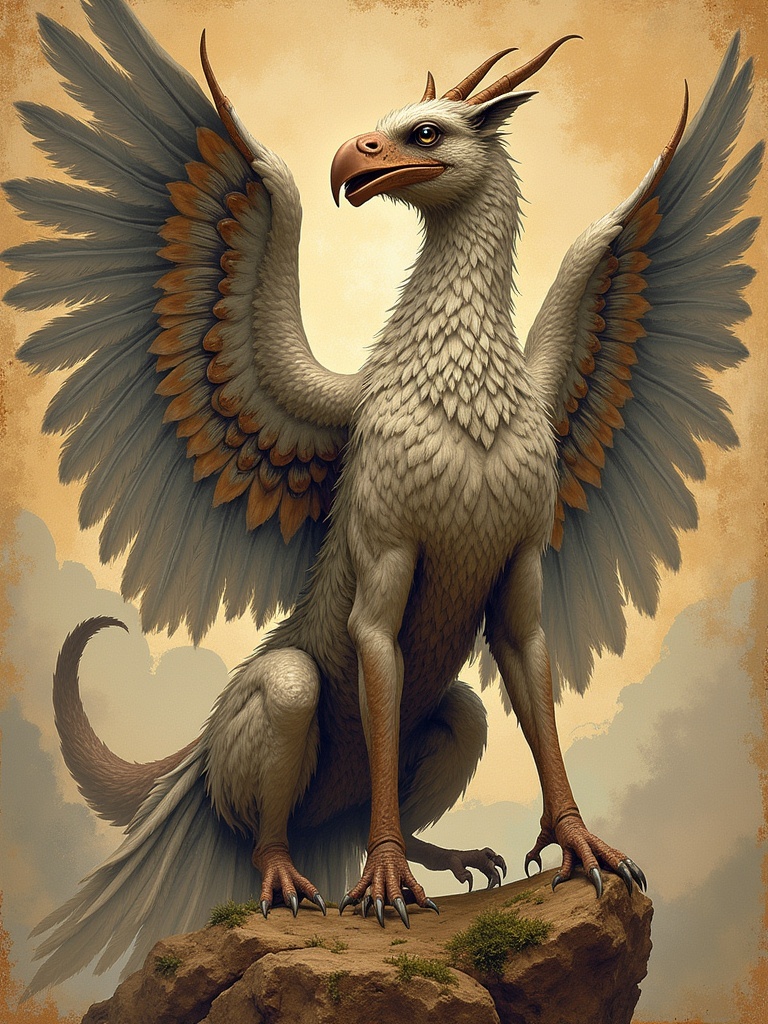 A mythical griffin with large wings stands on a rock. The creature has a majestic posture and eagle-like features. White feathers and brown accents are evident. The background shows a soft sky. The griffin's gaze is fierce.