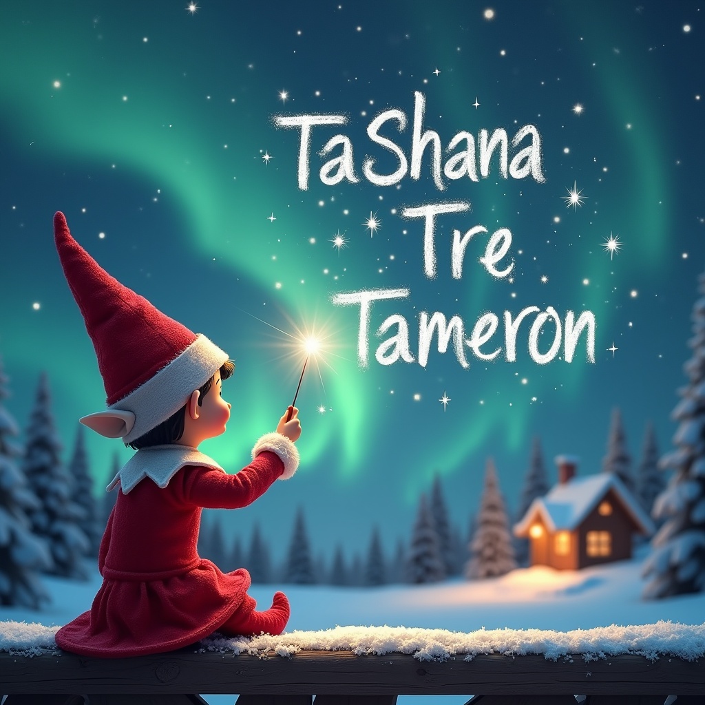 An elf sits on a wooden ledge with its back to the camera, gazing at a magical sky. The elf, dressed in a red outfit with a pointed hat, holds a sparkling wand. With the wand, the elf elegantly writes the names 'TaShana,' 'Tre,' and 'Tameron' in the starry sky. The background features a snowy landscape with charming little houses and evergreen trees under the shimmering Northern Lights. This whimsical scene captures the essence of childhood magic and Christmas cheer.