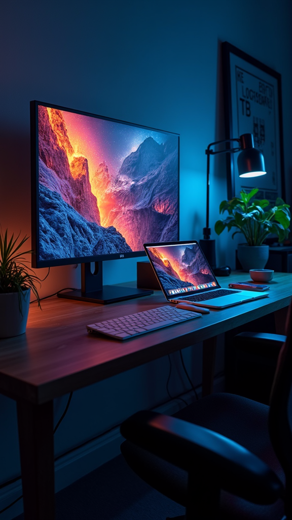 A modern desk setup with a computer monitor and laptop displaying a fiery mountain scene, surrounded by plants and warm lighting.