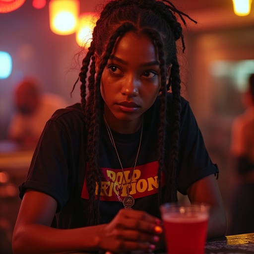 A 19 year old girl with messy box braids. At a bar. Wearing a Pulp Fiction shirt. Holding a red cocktail. Looking uneasy while staring at someone.