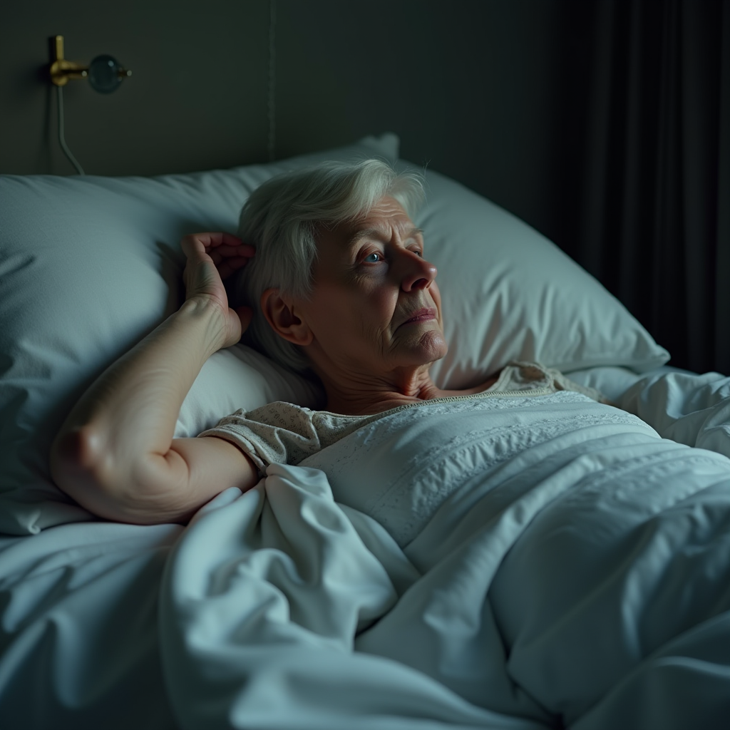 An elderly woman lies awake in bed during the night, lost in thought.