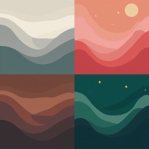 Aesthetic illustration representing different noise colors used for sleep aid. Image has four quadrants. Top-left shows white noise with abstract gray waves. Top-right shows pink noise with flowing shapes in pink tones. Bottom-left shows brown noise with earthy waves. Bottom-right shows green noise in calming patterns.