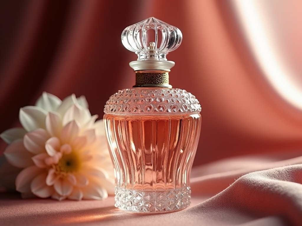 A luxurious perfume bottle with intricate design, beside a soft flower, on a silky fabric background.