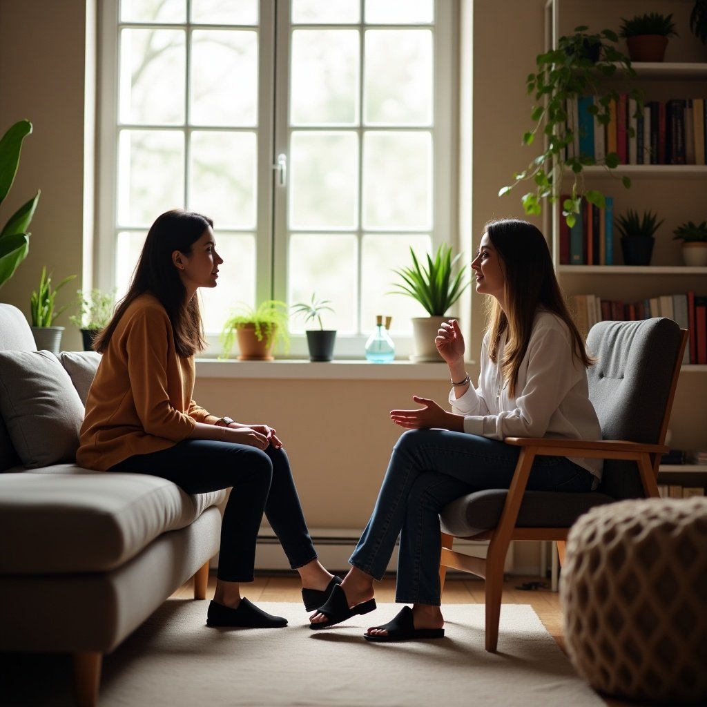 Two women sitting on a couch and having a conversation. A cozy living room with plants around. Natural light coming through a window. One woman is expressing herself while the other listens attentively.