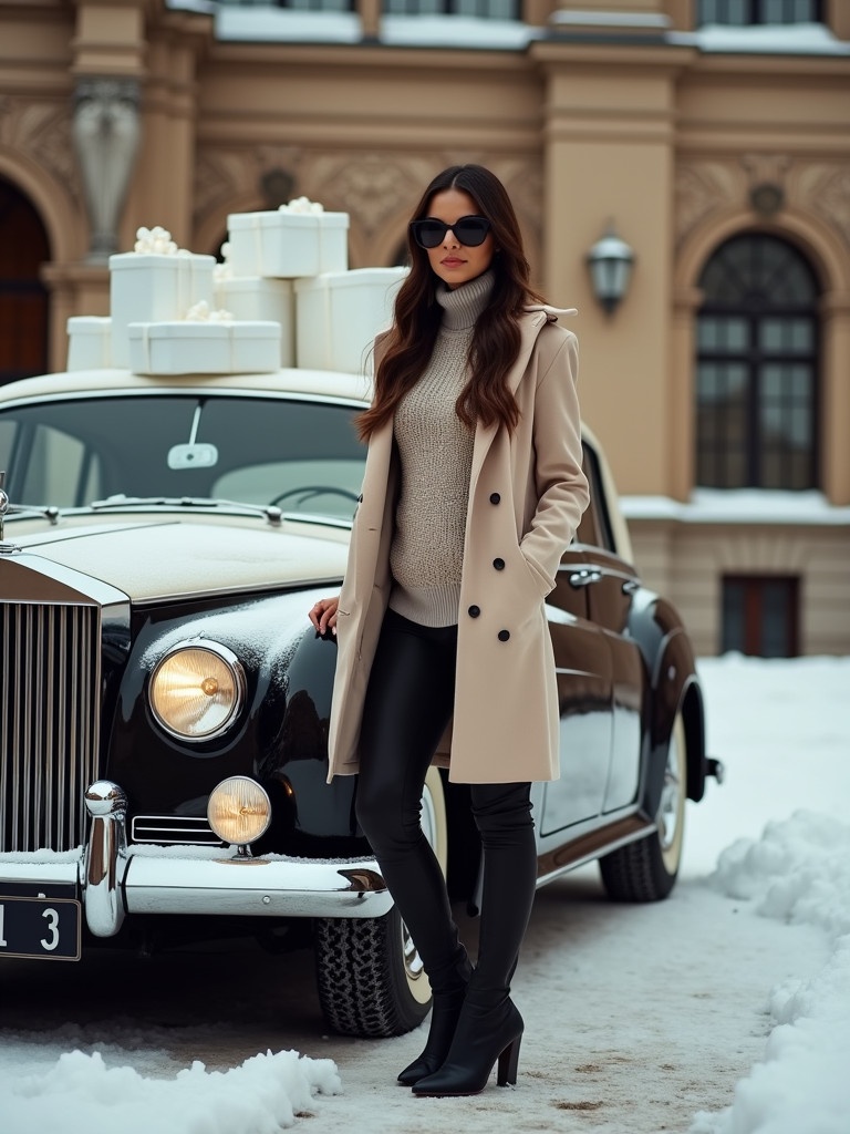 A fashionable woman stands next to a classic luxury car with gift boxes on the roof. She wears a stylish sweater and a chic coat. The background features an elegant building with winter snow. The soft warm light enhances the luxurious feel.