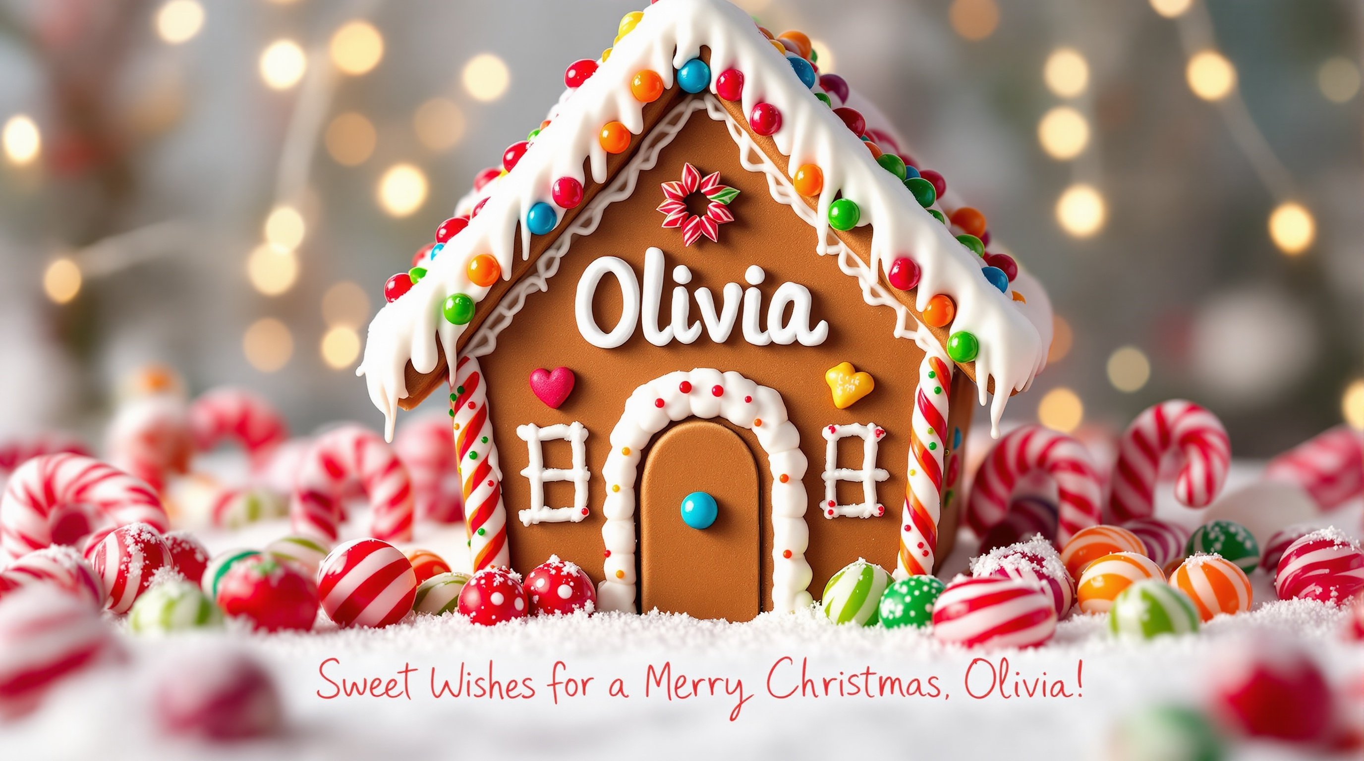 The image features a beautifully crafted gingerbread house, complete with colorful icing and an inviting entryway. The name 'Olivia' is prominently displayed above the door, adding a personal touch. Surrounding the house are an array of snow-covered gumdrops and vibrant candy canes. The background is adorned with twinkling fairy lights, creating a magical atmosphere. At the bottom, a handwritten message conveys warm holiday wishes. This delightful scene captures the spirit of Christmas joy and celebration.