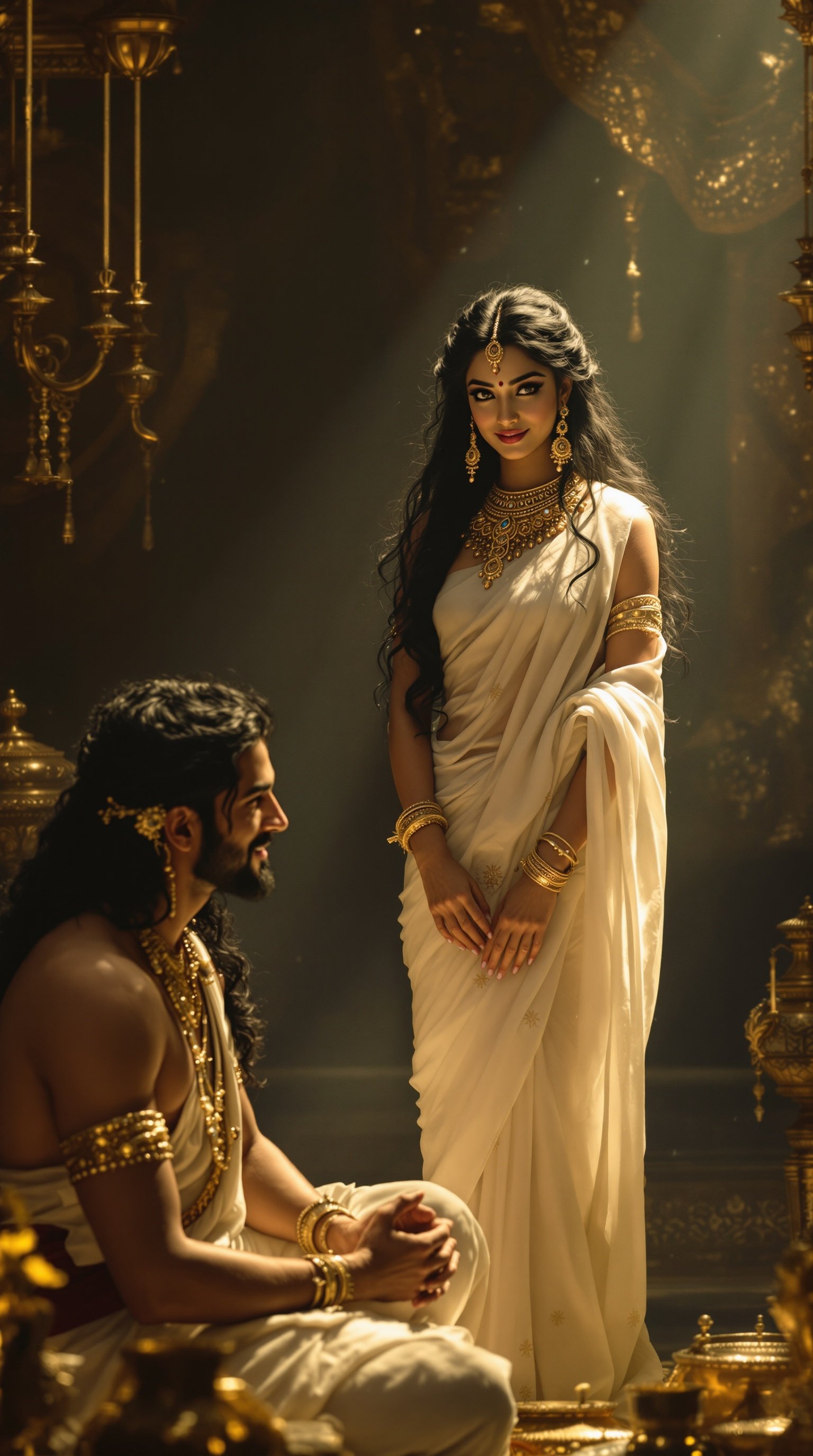 Urvashi stands gracefully before Arjuna. Long black hair cascades over shoulders. Large eyes filled with love. Captivating smile. Dressed in a white saree adorned with golden jewelry. Arjuna sits calmly, folding hands respectfully. Face reflects light smile and restraint.