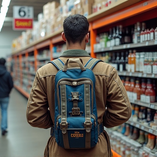 A young man stands in a grocery store aisle looking at products on the shelves. He wears a stylish blue backpack. The store has bright orange shelving filled with drinks and groceries. The scene conveys a casual shopping experience.