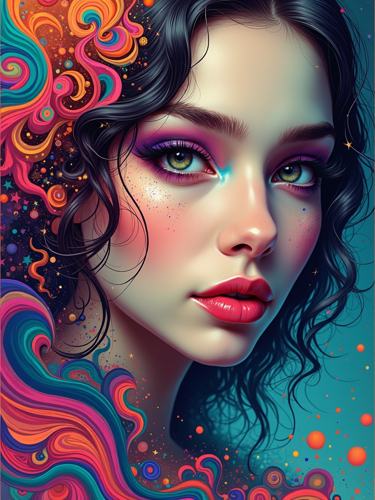 Vibrant surreal portrait of a woman's face. Face blends with psychedelic colors and swirling patterns.