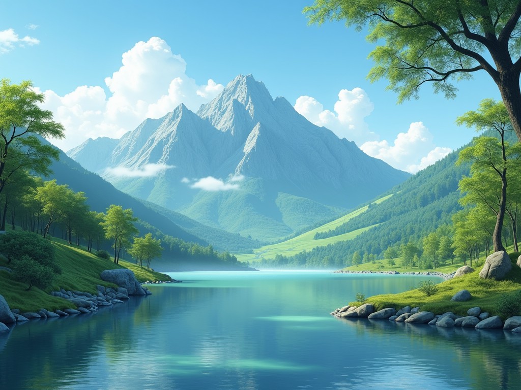 A picturesque landscape featuring a tranquil lake surrounded by lush green hills and towering mountains in the background. The clear blue sky is dotted with fluffy clouds, casting gentle shadows on the pristine water. The scene exudes a sense of peace and untouched natural beauty, offering a refreshing escape into nature.