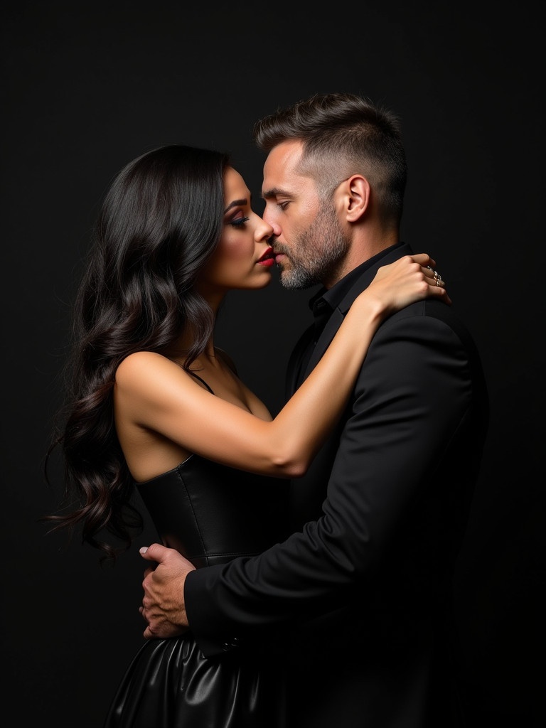 A couple is embracing intimately. The woman has long dark hair and dramatic makeup. The man has a rugged appearance with short hair. Both wear elegant black outfits. The background is dark. Their pose suggests a near-kiss. The lighting is soft and dramatic.