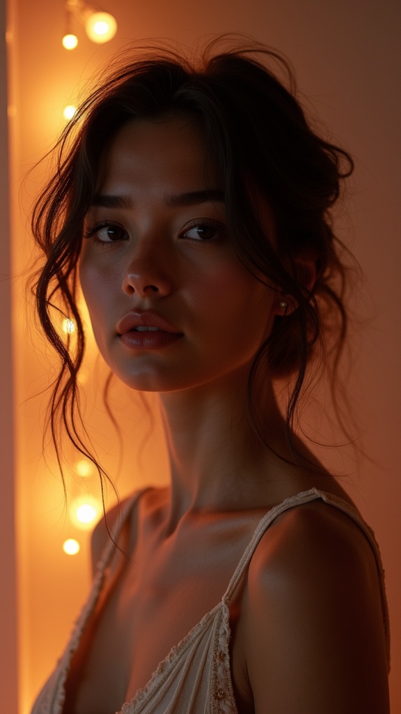 The image features a woman illuminated by soft, warm lighting, giving her a serene and contemplative expression. Her loose hair falls around her face, adding a touch of casual elegance, while the background is adorned with gentle yellow fairy lights enhancing the intimate atmosphere.