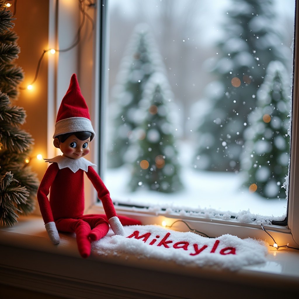 The image depicts a festive scene with an elf character known as the 'Elf on the Shelf' sitting on a window sill. The elf is playfully writing the name 'Mikayla' in the snow placed on the surface below. Outside the window, a picturesque winter landscape can be seen, with snowflakes gently falling. There are decorated Christmas trees in the background and soft, twinkling lights framing the window. The cozy atmosphere evokes the joy and magic of the holiday season.