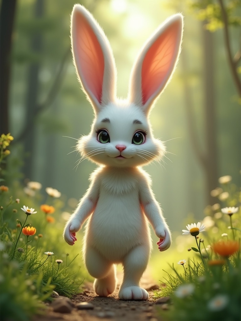 Humanoid rabbit girl with delicate white fur walks through vibrant forest. Shimmering skin glows in morning light. Alert long ears twitch as she walks determinedly. Face shows bunny features with triangular nose and long whiskers. Thin skin revealing human structure beneath. 