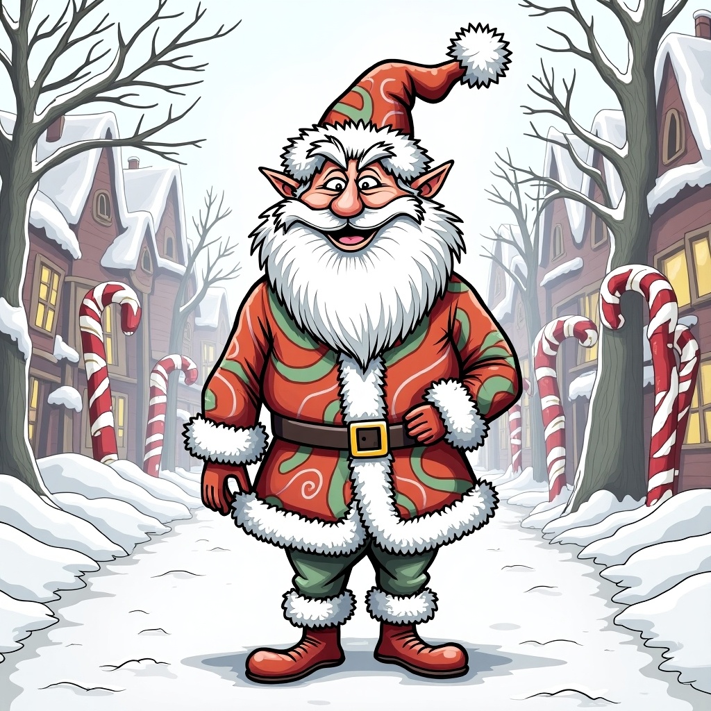 Santa depicted as a whimsical character with traditional holiday attire. Background features a wintry street with houses and candy canes. A cheerful and festive atmosphere created with detailed coloring.