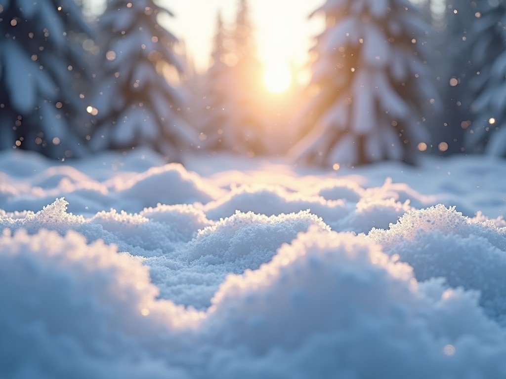 The image depicts a serene winter landscape with fluffy snow covering the ground. Snowflakes gently fall, illuminated by the warm sunlight spilling through the trees. A close-up view shows the intricate textures of the snow, creating a mesmerizing effect. The overall scene exudes a sense of calm and tranquility, characteristic of winter. Light rain droplets catch the sun's reflection, adding to the serene atmosphere. This beautiful representation resembles a film effect, bringing the beauty of a snowy landscape to life.