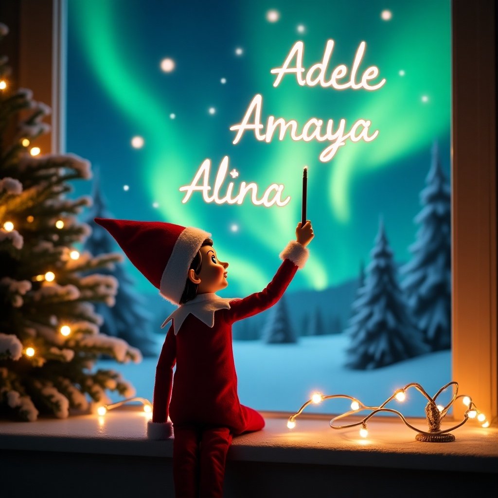 An enchanting Christmas scene featuring an elf on the shelf, who is facing the sky with his back to the viewer. The elf, dressed in red and white, wields a magic wand, writing 'Adele', 'Amaya', and 'Alina' in a glowing script above him. The backdrop is adorned with vibrant northern lights, adding a magical ambiance. The scene is festive, portraying the spirit of Christmas with a whimsical twist. The elf's position and action create a sense of wonder and excitement that captures the joy of the holiday season.