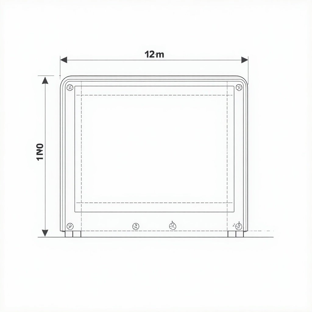 Technical drawing of a dual-sided e-paper departure board. E-paper panel is 13 inches integrated into a housing. Housing dimensions are 42 cm x 40 cm x 10 cm. Landscape format with two M10 drilling holes on the left side. Drawing shows front perspective with size annotations.