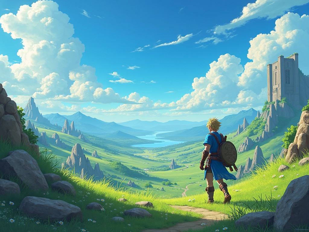 In this stunning artwork, a lone adventurer stands gazing at a vast and vibrant landscape filled with rolling hills, pristine waters, and an imposing castle perched on a mountain. The scene is bathed in daylight, casting dynamic shadows and highlighting the lushness of the terrain. The towering clouds and distant peaks add a sense of grandeur and exploration.